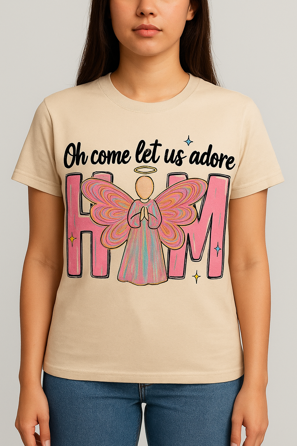 Oh Come Let Us Adore Him Angel Graphic Tee - Christmas Religious T-Shirt