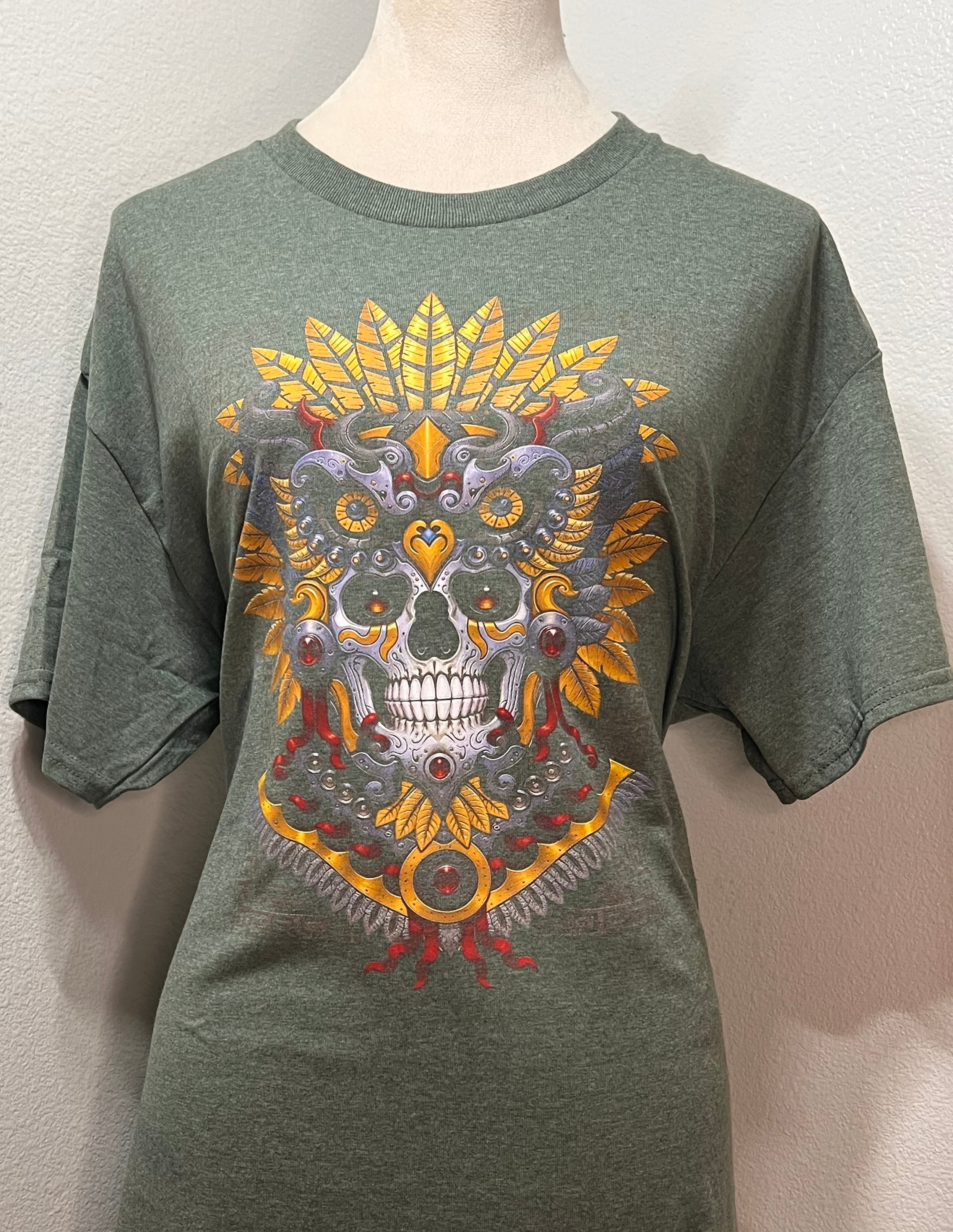 Indigenous Aztec Skull T-Shirt - Sacred Feather Headdress Design