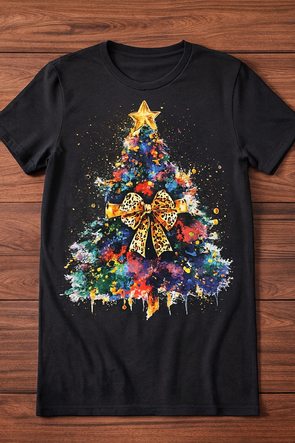 Watercolor Christmas Tree T-Shirt - Leopard Bow Holiday Tee