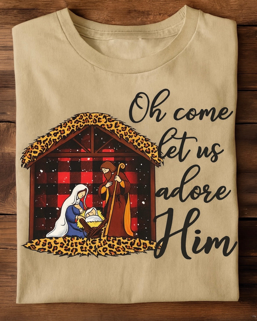 Oh Come Let Us Adore Him Nativity T-Shirt - Leopard Print Christmas Shirt