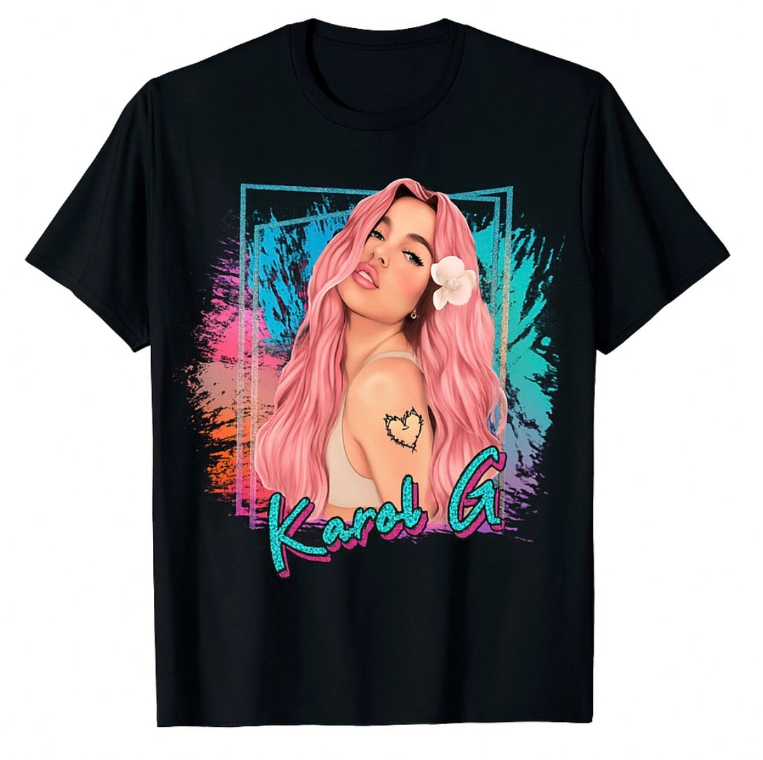 Karol G Retro Portrait T-Shirt - Pink Hair Tropical Design