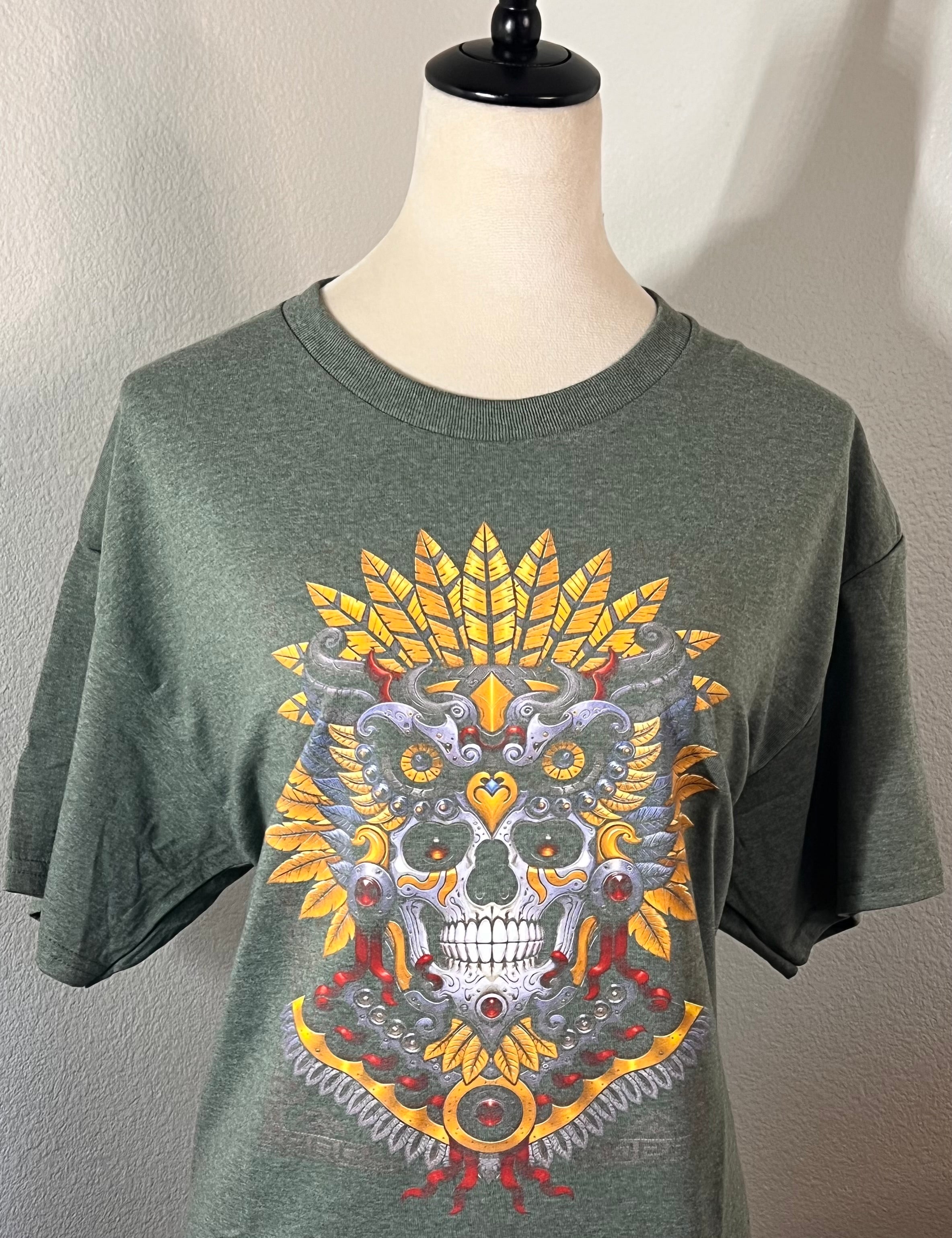 Indigenous Aztec Skull T-Shirt - Sacred Feather Headdress Design