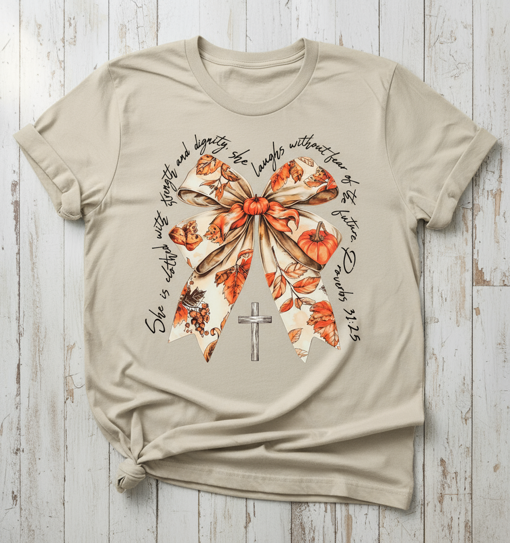 Fall bow scripture design on beige t-shirt