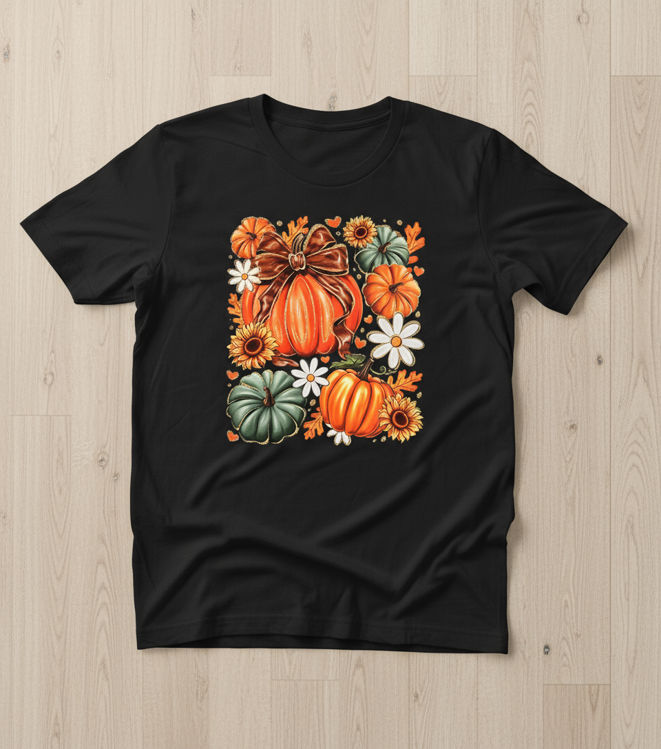 Fall pumpkin design on black t-shirt